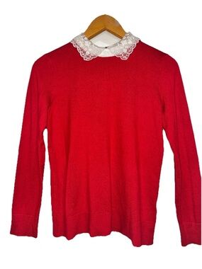 Cable & Gauge Red Sweater Lace Peter Pan Collar Sz M Preppy Granny Core Classic